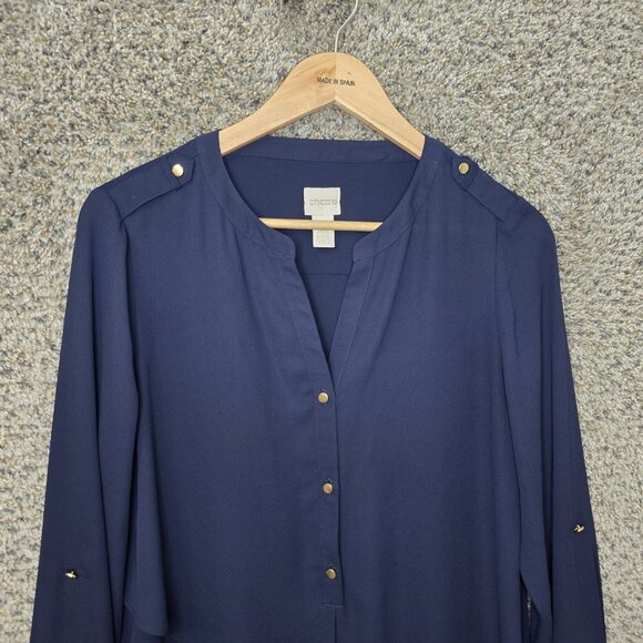Chicos Top Womens 0 US Small Navy Blue Tunic Sheer Roll Tab Sleeve Blouse - Picture 4 of 7